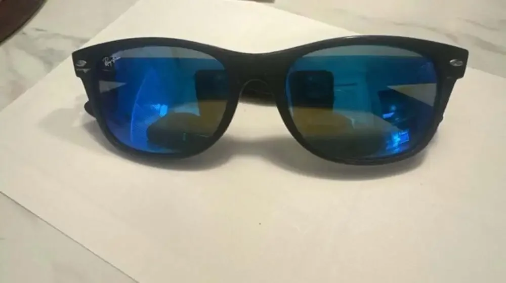 Ray-Ban RB2132 New Wayfarer Sunglasses in Rubber Black with Blue Mirror Lenses